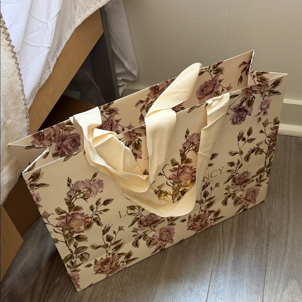 LoveshackFancy Cream Floral Tote Bag with Ribbon Handles